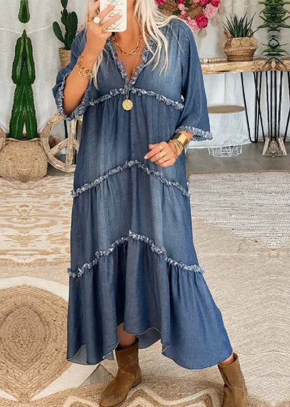 Navy V Neck Patchwork Tassel Denim Long Dress Half Sleeve