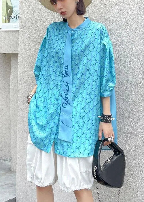 French Blue Print Button Patchwork Top Summer