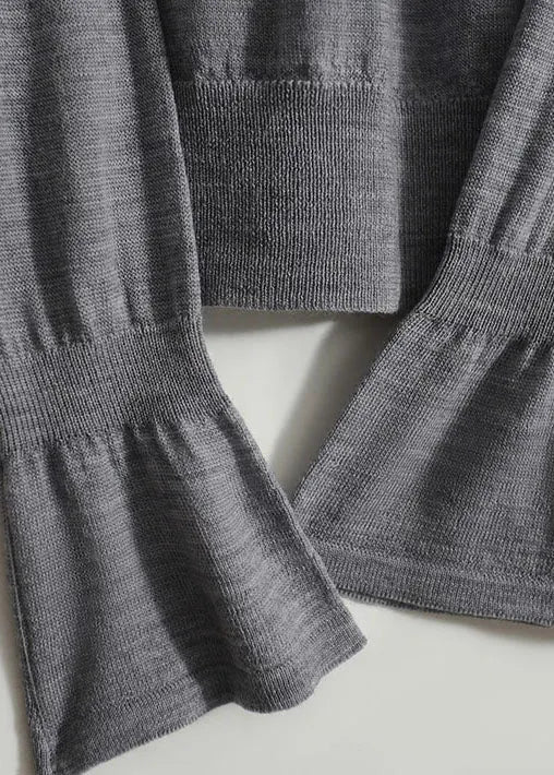 Grey Ruffled Patchwork Hollow Out Knit Shirts Spring