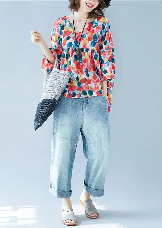 Red V Neck Dot Print Patchwork Wrinkled Chiffon Blouses Short Sleeve