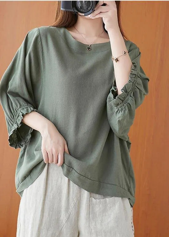 Style Green Lantern Sleeve Cotton Blouse Top Summer