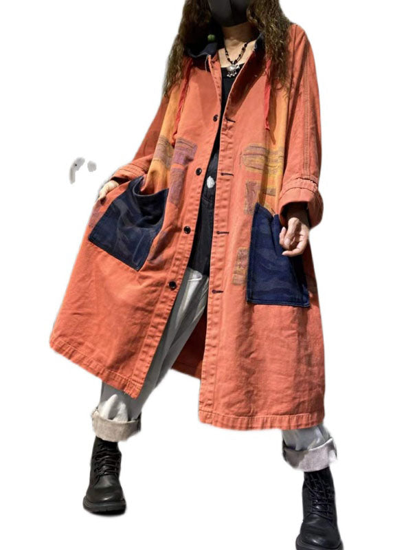 Handmade Orange Pockets Button Fall Denim Long Sleeve Coat