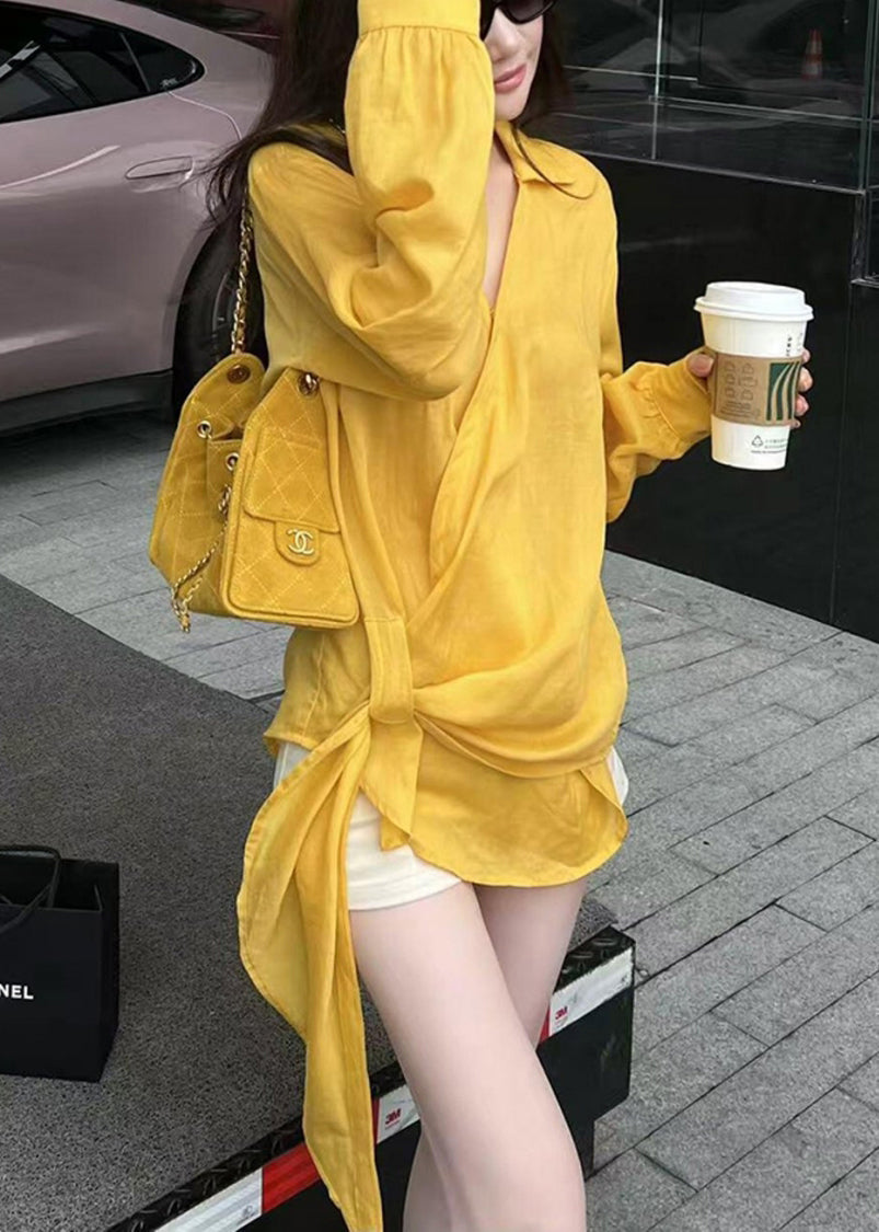 Yellow Peter Pan Collar Asymmetrical Cotton Shirts Fall