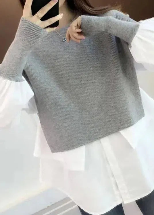 Grey O Neck False Two Pieces Patchwork Knit Sweater Top Fall
