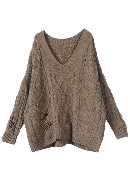 Khaki Hole V Neck Fall Cozy Sweater