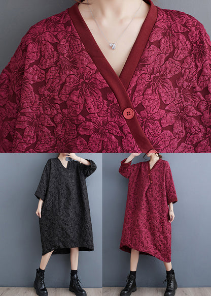 Black Jacquard Patchwork Cotton Dress V Neck Fall
