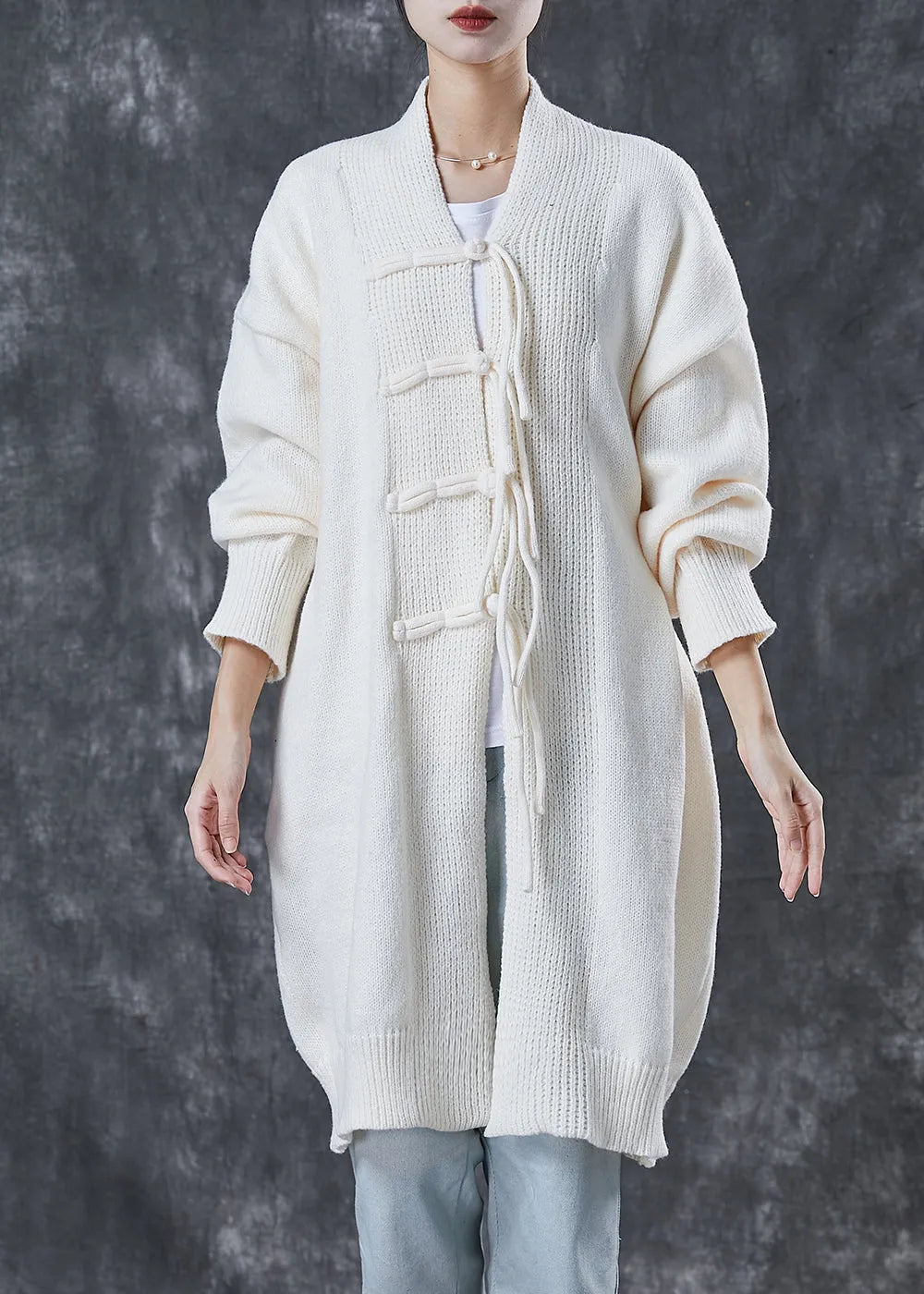 White Oversized Chinese Button Knit Cardigans Spring
