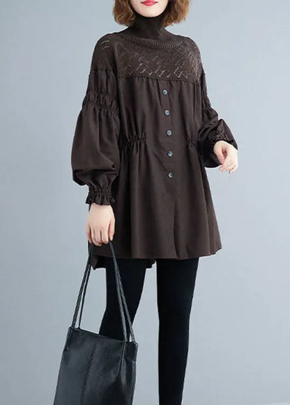 Chocolate Button Patchwork Lantern Sleeve Knit Blouses