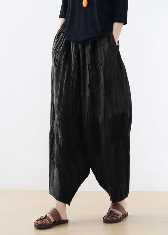 Black Pockets Linen Harem Pants Summer