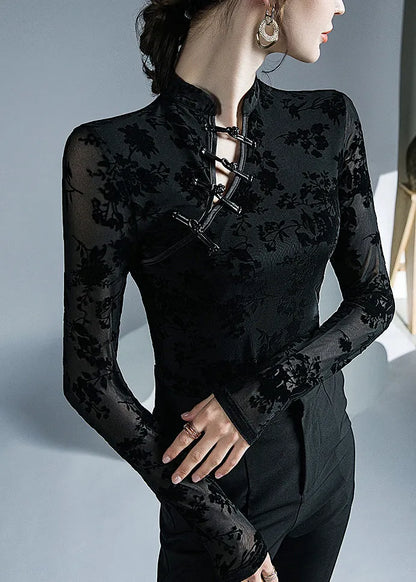 Black Stand Collar Print Tops Bottoming Shirt