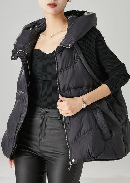 Boutique Black Hooded Patchwork Duck Down Puffer Vests Winter