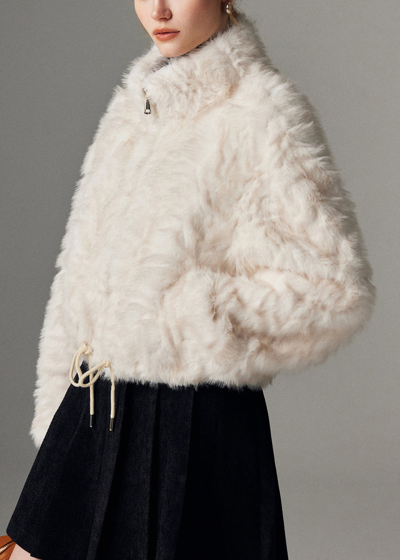 New White Stand Collar Leather Zippered Cinched and Fur Coats Winte