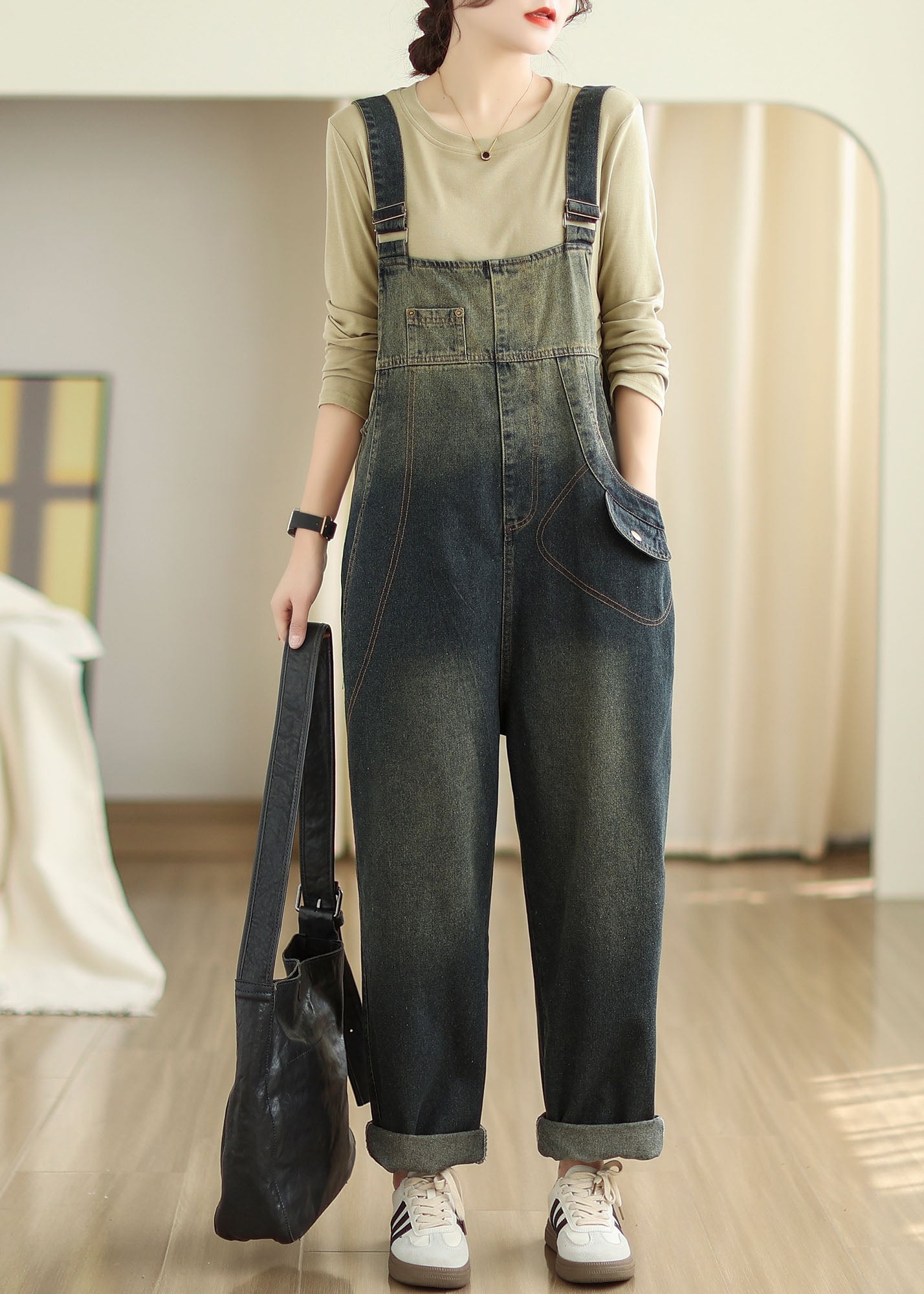 Slash Neck Pockets Patchwork Denim Jumpsuits Fall