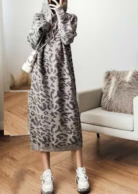 Grey Leopard Cozy Hoodie Knit Sweater Dress Fall