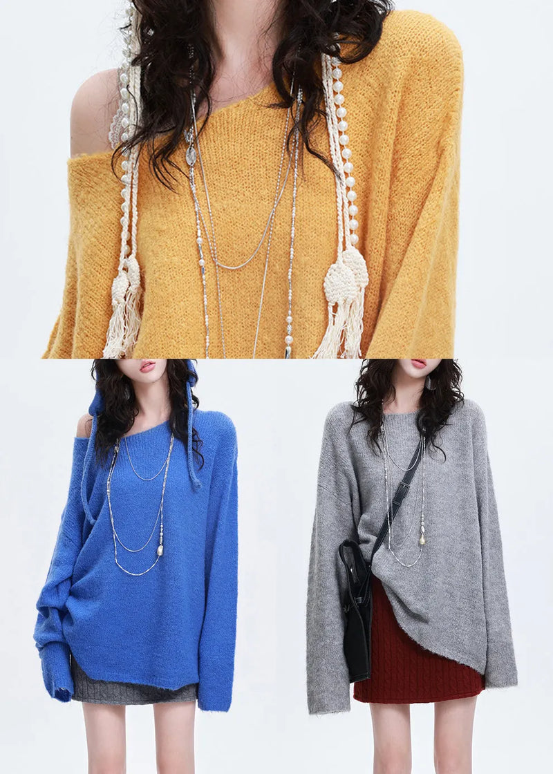 Blue Oversized Warm Knitted Tops Winter