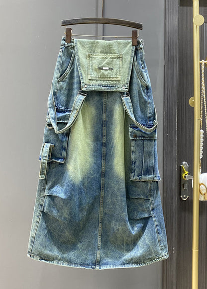 French Blue Pockets Side Open Denim Jumpsuit Sleeveless