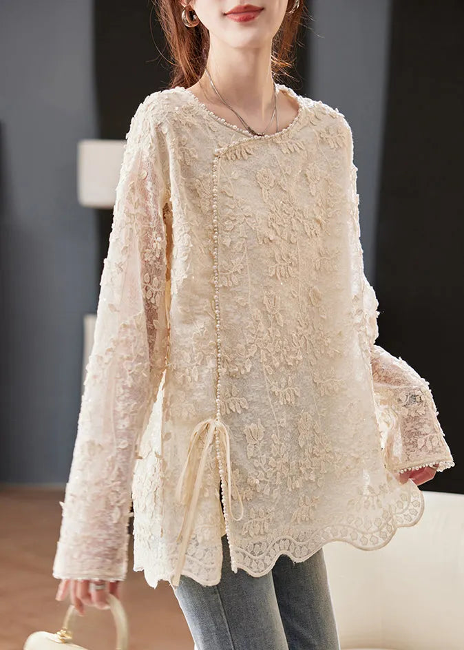 Beige Embroidered Nail Bead Lace Up Chiffon Shirt Spring