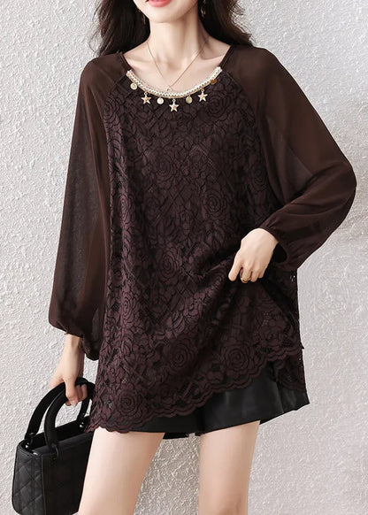 Chocolate Oversized Star Decorated Lace Shirt Tops Fall
