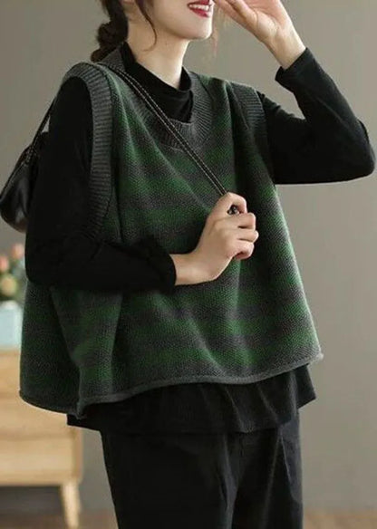 Grey O-neck Striped Knit Vest Spring