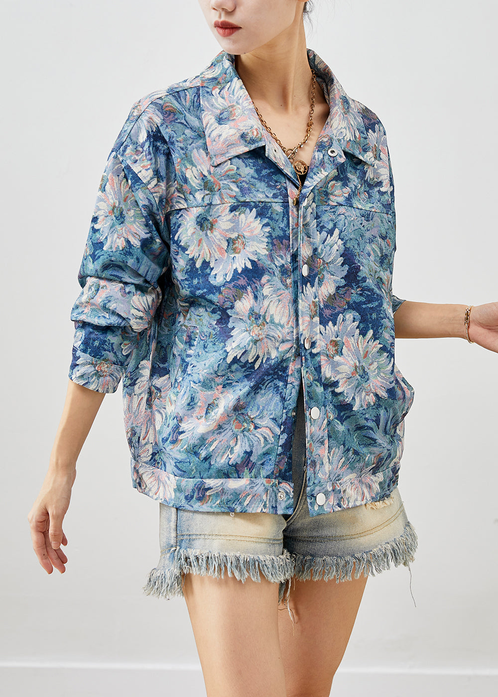 Stylish Blue Painting Cotton Coat Outwear Fall