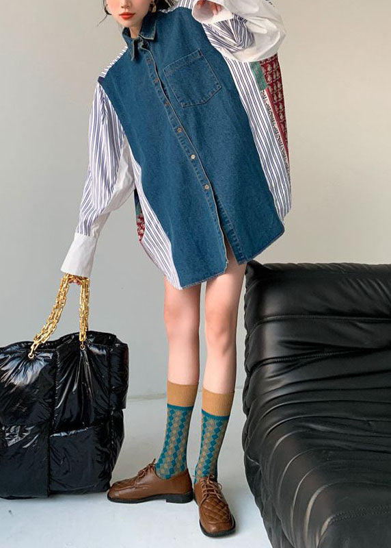Colorblock Denim Patchwork Striped Print Cotton Shirt Dresses Spring
