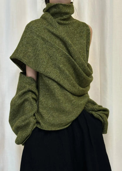 Green Asymmetrical Knit Sweater Turtleneck Winter