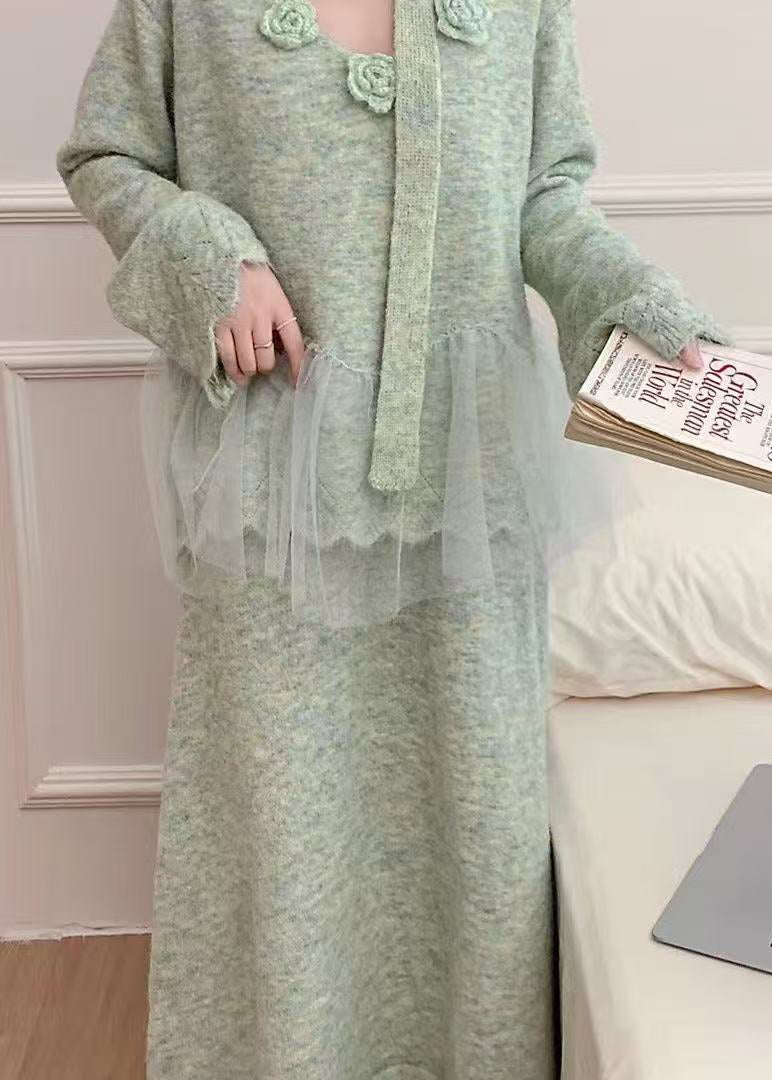 Blue Patchwork Knit Two Pieces Set Oversized Decorated Winter