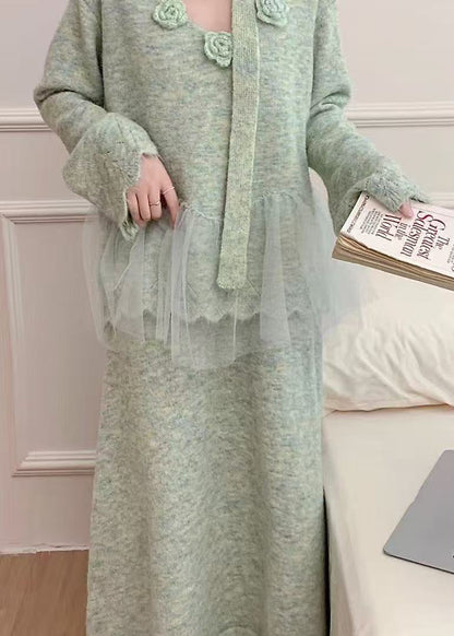 Blue Patchwork Knit Two Pieces Set Oversized Decorated Winter