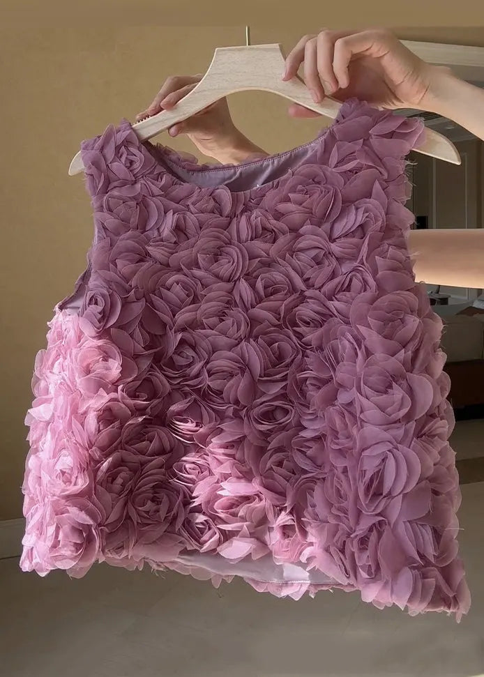 Pink O-neck Tulle Tank Sleeveless