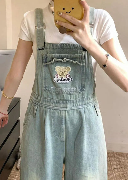 New Blue Embroidered Pockets Denim Jumpsuit Sleeveless