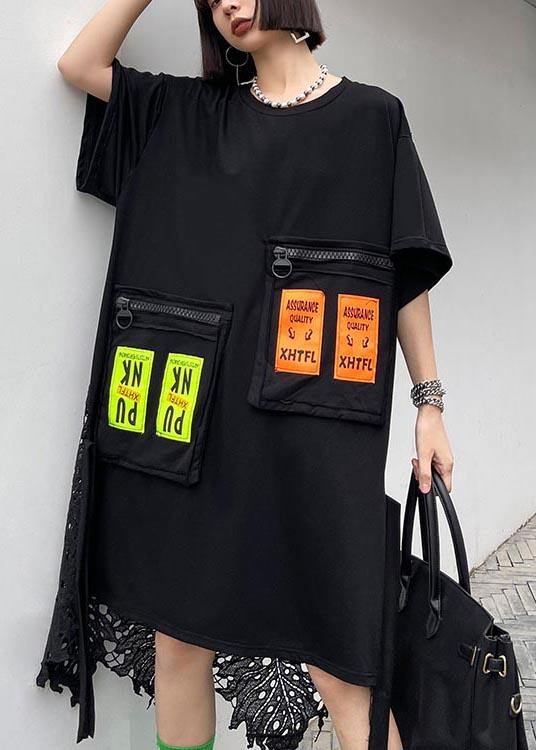 Fine Black Patchwork Lace Pockets Ankle Summer Cotton Dress