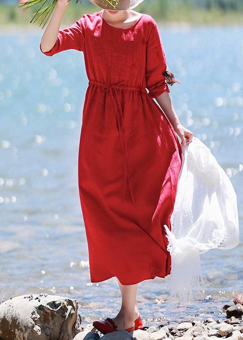 Red Quilting Clothes O Neck Drawstring Kaftan Spring Dresses