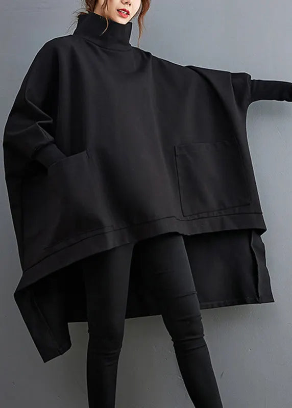 Black Turtleneck Asymmetrical Pockets Low High Design Cotton Pullover Long Sleeve