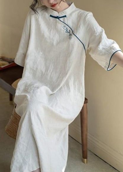 Chinese Style Apricot Stand Collar Tie Waist Long Dress Fall