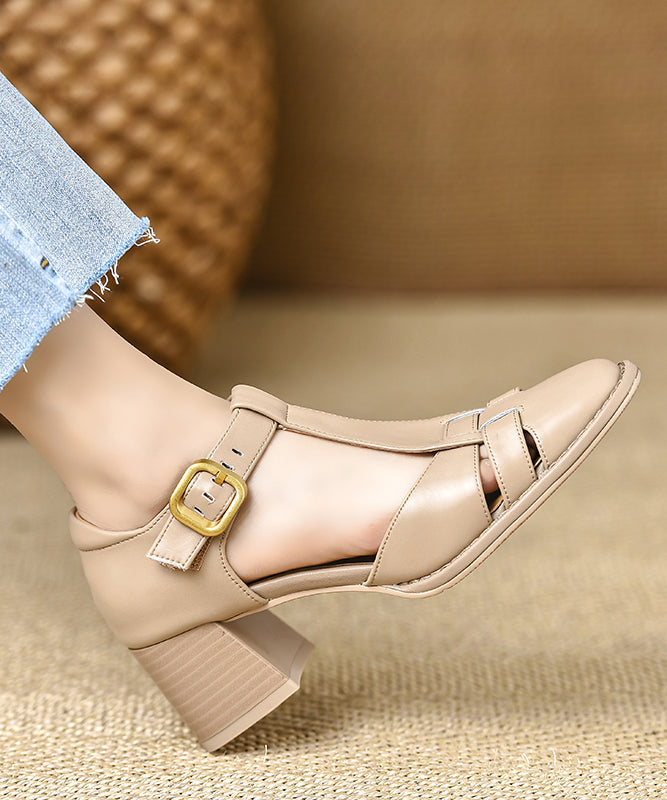Brown Hollow Out Chunky Cowhide Leather Splicing Sandals