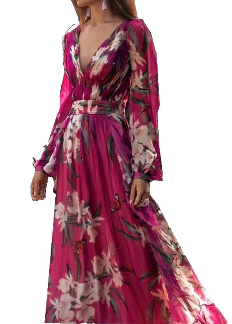Unique V Neck Print Wrinkled Chiffon Long Dress Spring