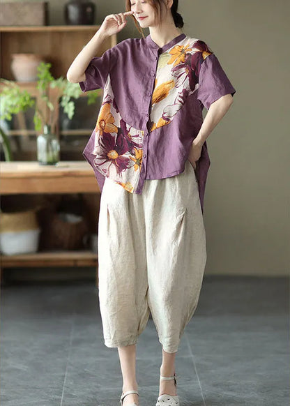 Diy Purple Button Patchwork Fall Half Sleeve Top