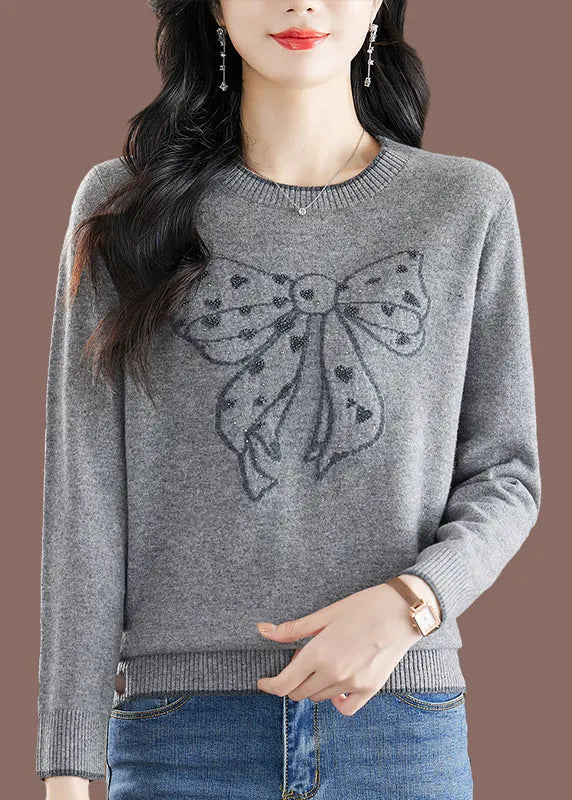 Handmade Camel O-neck Embroidered Bow Thick Cotton Knit Sweaters Winter