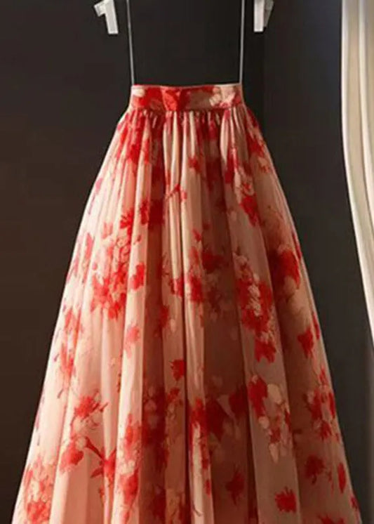 Red Print Elastic Waist Chiffon a Line Skirts Summer