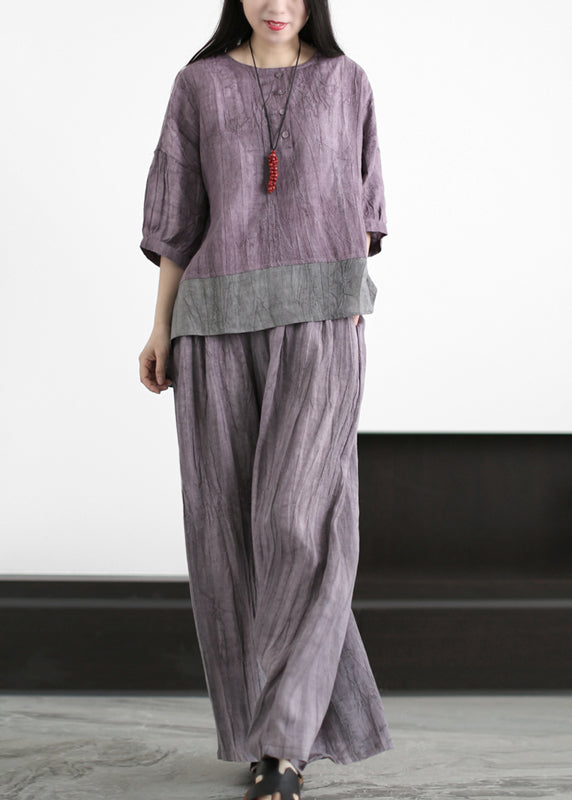 Boutique Purple Grey O-neck Wrinkled Patchwork Linen Two Pieces Set Half Sleeve