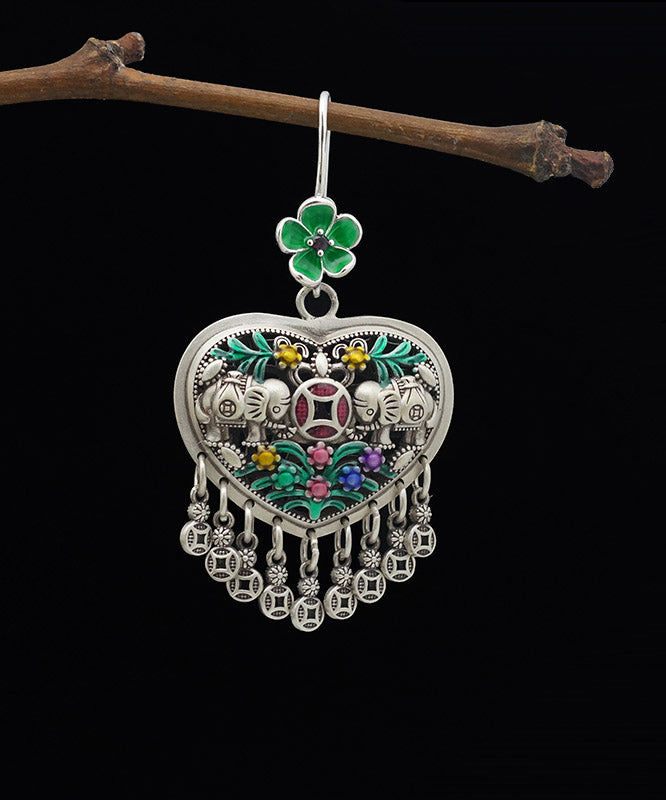 Green Sterling Silver Heart Tassel Drop Earrings