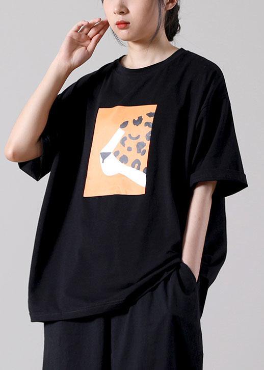 Simple Black Print O-neck Cotton Blouse Tops Short Sleeve Summer