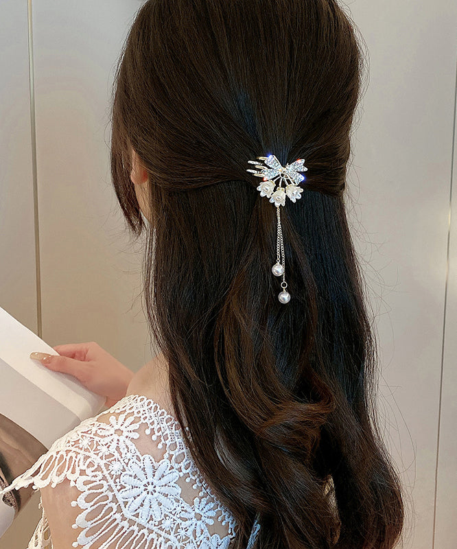 Classy White Alloy Zircon Pearl Lily of the Valley Tassel Hairpin