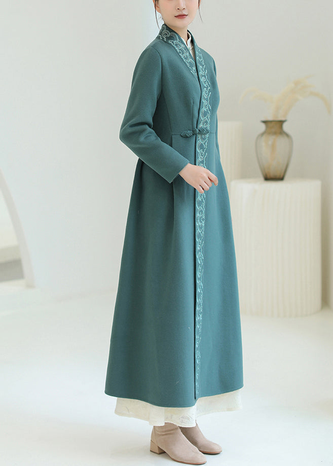 Green Embroideried Chinese Button Woolen Trench Coats Winter