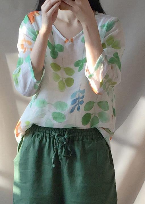 Classy O Neck Blouses for Shape Green Leaf Print Shirts