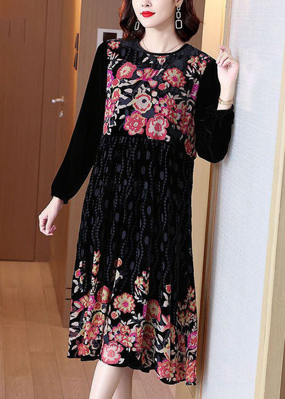 Organic Black O-neck Patchwork Print Velour Dresses Spring