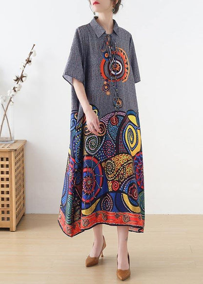 Stylish Grey Print Tie Loose Vacation Summer Chiffon Dress