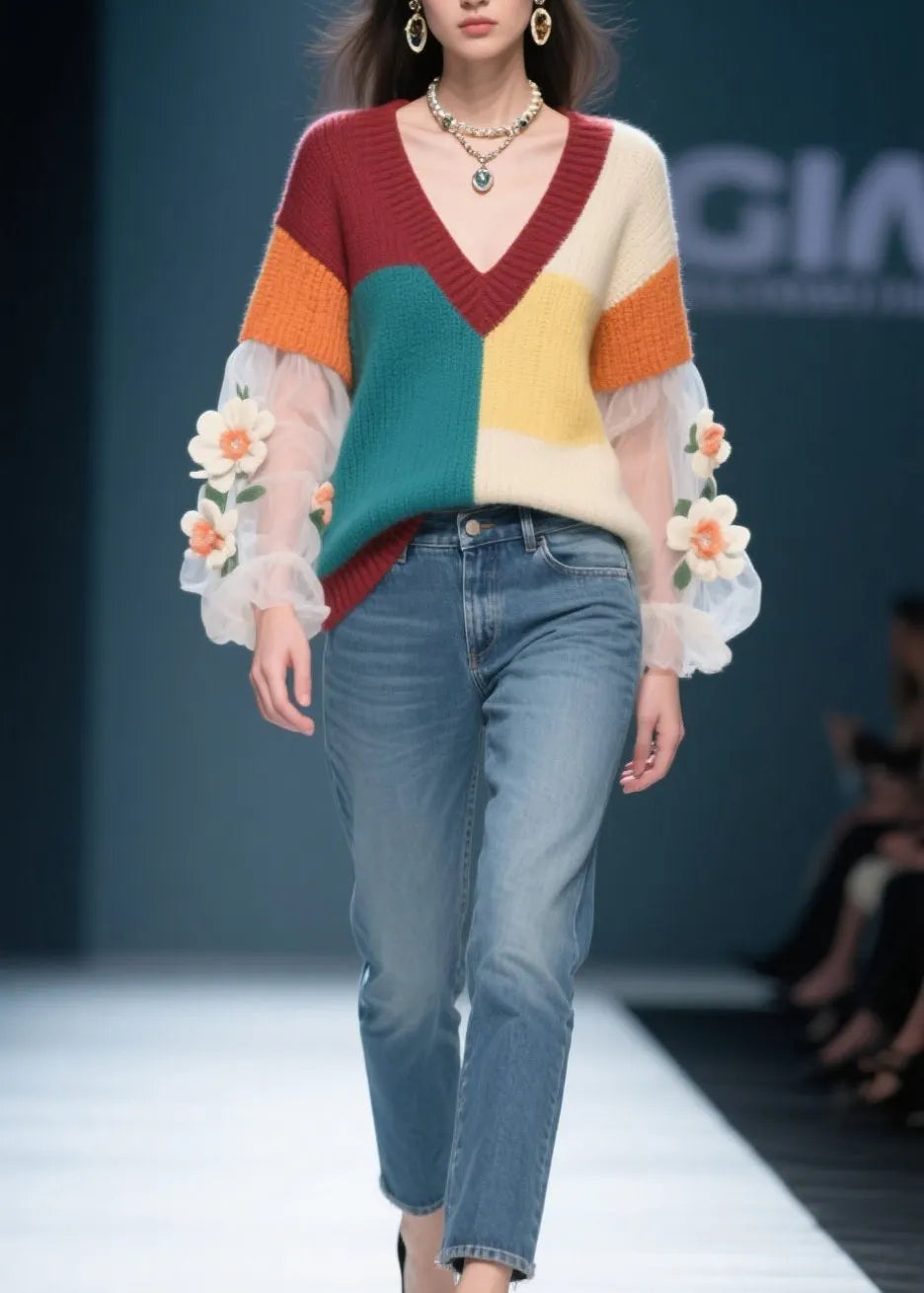 Colorblock Tulle Patchwork Knit Sweater Fall