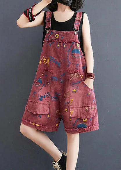 Red Slash Neck Print Patchwork Denim Jumpsuit Summer
