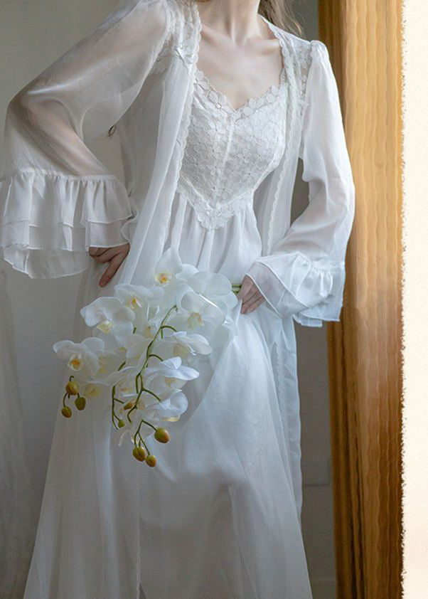 Novelty White V Neck Embroideried Chiffon Cardigans and Slip Dress Two Pieces Set Summer